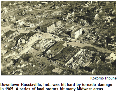 Downtown Russiaville, Ind., was hit hard by tornado damage in 1965. A series of fatal storms hit many Midwest areas. Image courtesy Kokomo Tribune.