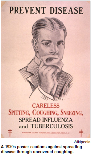 A 1920s poster cautions against spreading disease through uncovered coughing. Image courtesy Wikipedia.