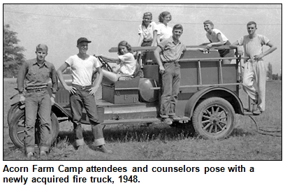 Acorn Farm Camp campers with firetruck, 1948.
