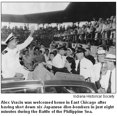 Alex Vraciu was welcomed home in East Chicago after having shot down six Japanese dive-bombers in just eight minutes during the Battle of the Philippine Sea. Image courtesy Indiana Historical Society.