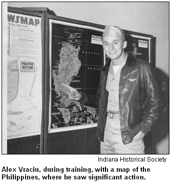 Alex Vraciu, during training, with a map of the Philippines, where he saw significant action. Image courtesy of the Indiana Historical Society.