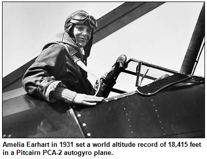 Amelia Earhart in 1931 set a world altitude record of 18,415 feet in a Pitcairn PCA-2 autogyro plane.