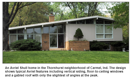 An Avriel Shull home in the Thornhurst neighborhood of Carmel, Ind. The design shows typical Avriel features including vertical siding, floor-to-ceiling windows and a gabled roof with only the slightest of angles at the peak.