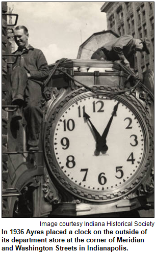 In 1936 Ayres placed a clock on the outside of its department store at the corner of Meridian and Washington Streets in Indianapolis. Image courtesy Indiana Historical Society.