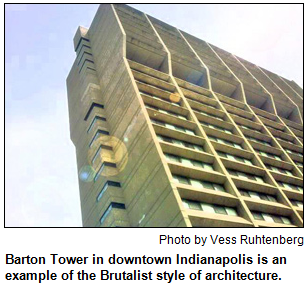 Barton Tower in downtown Indianapolis is an example of the Brutalist style of architecture. Photo by Vess Ruhtenberg.