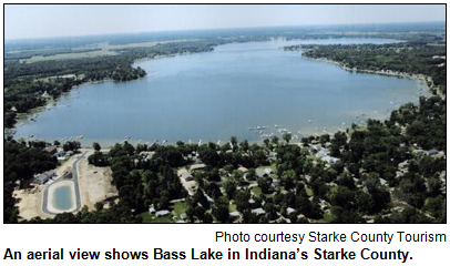 An aerial view shows Bass Lake in Indiana's Starke County. Image courtesy Starke County Tourism.