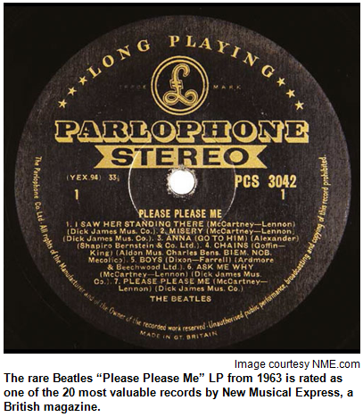 The rare Beatles “Please Please Me” LP from 1963 is rated as one of the 20 most valuable records by New Musical Express, a British magazine. Image courtesy NME.com.