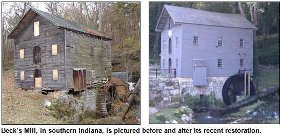 Beck's Mill, near Salem in southern Indiana, is pictured before and after its recent restoration.