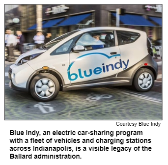 Blue Indy, an electric car-sharing program with a fleet of vehicles and charging stations across Indianapolis, is a visible legacy of the Ballard administration. Courtesy Blue Indy.