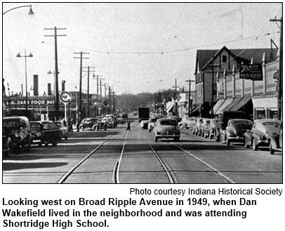 Looking west on Broad Ripple Avenue in 1949, when Dan Wakefield lived in the neighborhood and was attending Shortridge High School. Image courtesy Indiana Historical Society.