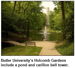 Butler University’s Holcomb Gardens include a pond and carillon bell tower.