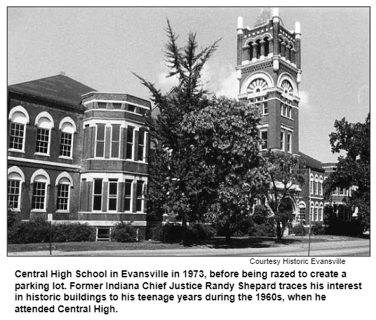 Central High School in Evansville in 1973, before being razed to create a parking lot. Former Indiana Chief Justice Randy Shepard traces his interest in historic buildings to his teenage years during the 1960s, when he attended Central High. Courtesy Historic Evansville.