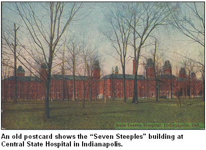 Central State Hospital's "seven steeples" building, image from long-ago postcard.