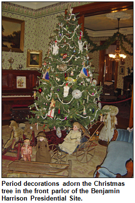 Period decorations adorn the Christmas tree in the front parlor of the Benjamin Harrison Presidential Site.