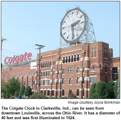 The Colgate Clock in Clarksville, Ind., can be seen from downtown Louisville, across the Ohio River. It has a diameter of 40 feet and was first illuminated in 1924. Image courtesy Joyce Brinkman.