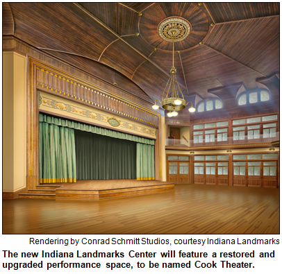 The new Indiana Landmarks Center will feature a restored and upgraded performance space, to be named Cook Theater. Rendering by Conrad Schmitt Studios, courtesy Indiana Landmarks.