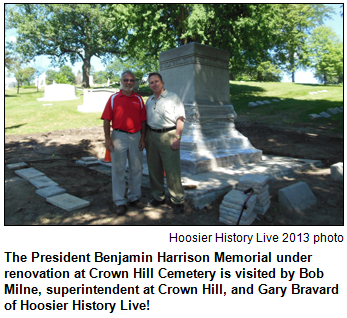 The President Benjamin Harrison Memorial under renovation at Crown Hill Cemetery is visited by Bob Milne, superintendent at Crown Hill, and Gary Bravard of Hoosier History Live! Photo by Hoosier History Live.