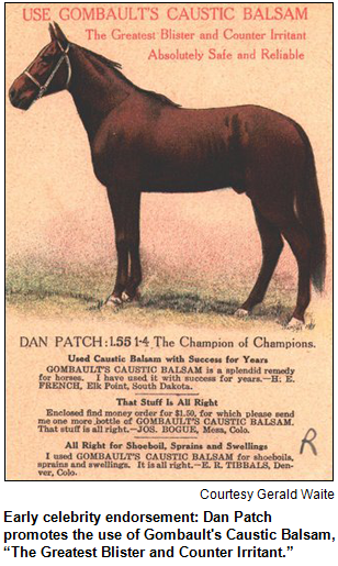 Early celebrity endorsement: Dan Patch promotes the use of Gombault's Caustic Balsam, “The Greatest Blister and Counter Irritant.”
