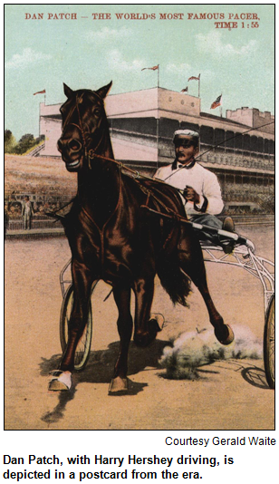 Dan Patch, with Harry Hershey driving, is depicted in a postcard from the era.