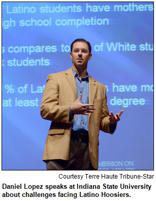 Daniel Lopez speaks at Indiana State University about challenges facing Latino Hoosiers. Courtesy Terre Haute Tribune-Star.