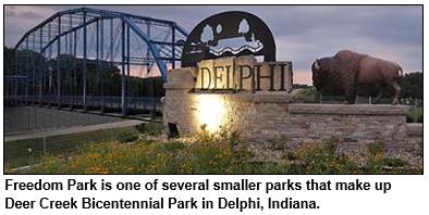 Freedom Park is one of several smaller parks that make up  Deer Creek Bicentennial Park in Delphi, Indiana. 