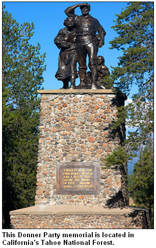 Donner Party memorial statue in California's Tahoe National Forest.
