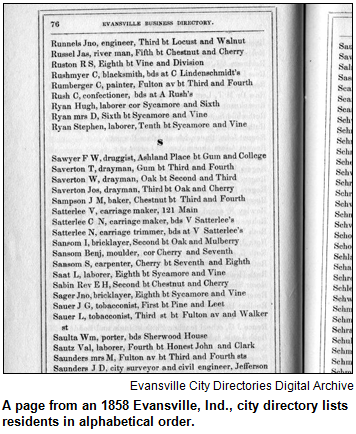 A page from an 1858 Evansville, Ind., city directory lists residents in alphabetical order. Image courtesy Evansville City Directories Digital Archive.