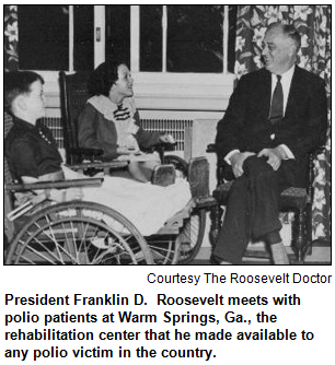 President Franklin D.  Roosevelt meets with polio patients at Warm Springs, Ga., the rehabilitation center that he made available to any polio victim in the country.