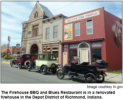 The Firehouse BBQ and Blues Restaurant is in a renovated firehouse in the Depot District of Richmond, Indiana. Image courtesy in.gov.