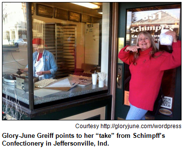 Glory-June Greiff points to her “take” from Schimpff’s Confectionery in Jeffersonville, Ind. Image courtesy http://gloryjune.com/wordpress.