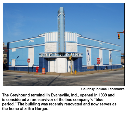 The Greyhound terminal in Evansville, Ind., opened in 1939 and is considered a rare survivor of the bus company’s blue period. The building was recently renovated and now serves as the home of a Bru Burger.
Courtesy Indiana Landmarks.