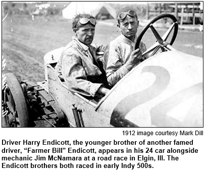 Driver Harry Endicott and mechanic Jim McNamara are shown in their Number-24 car at a road race in Elgin, Ill. 1912 image courtesy Mark Dill.