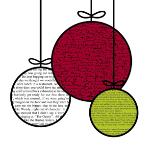 Holiday Author Fair graphic - image of three Christmas ornaments with book text on them.