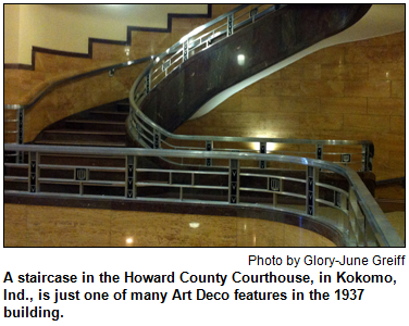 A staircase in the Howard County Courthouse, in Kokomo, Ind., is just one of many Art Deco features in the 1937 building. Photo by Glory-June Greiff.