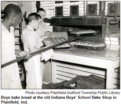 Boys bake bread at the old Indiana Boys' School Bake Shop in Plainfield, Ind. Photo courtesy Indiana Room, Plainfield-Guilford Township Public Library.