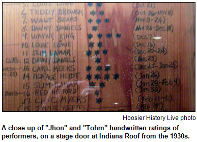 A close-up of "Jhon" and "Tohm" handwritten ratings of performers, on a stage door at Indiana Roof from the 1930s. Hoosier History Live photo.