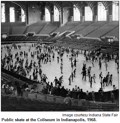 Public skating at the Indiana State Fair's Coliseum, 1968. Image shows the entire rink, filled with people. Image courtesy Indiana State Fair.