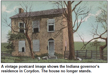 A vintage postcard image shows the Indiana governor’s residence in Corydon. The house no longer stands.