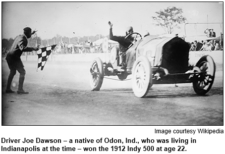 Driver Joe Dawson of Odon, Ind., won the 1912 Indy 500 at age 22. Image courtesy Wikipedia.