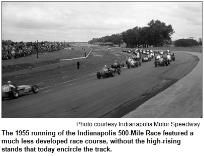 The 1955 running of the Indianapolis 500-Mile Race featured a much less developed race course, without the high-rising stands that today encircle the track. Photo courtesy Indianapolis Motor Speedway.