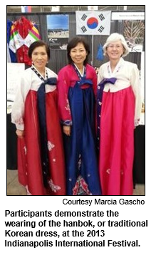 Participants demonstrate the wearing of the hanbok, or traditional Korean dress, at the 2013 Indianapolis International Festival.
Courtesy Marcia Gascho