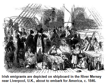 Irish emigrants are depicted on shipboard in the River Mersey near Liverpool, U.K., about to embark for America, c. 1846.