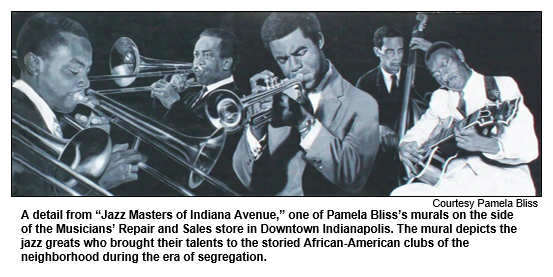 A detail from Jazz Masters of Indiana Avenue, one of Pamela Bliss's murals on the side of the Musician's Repair & Sales store in downtown Indianapolis.  The mural depicts the jazz greats who brought their talents to the storied African-American clubs of the neighborhood during the era of segregation.