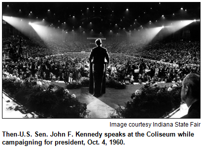 Then-U.S. Sen. John F. Kennedy speaks at the Coliseum while campaigning for president, Oct. 4, 1960. Image courtesy Indiana State Fair.