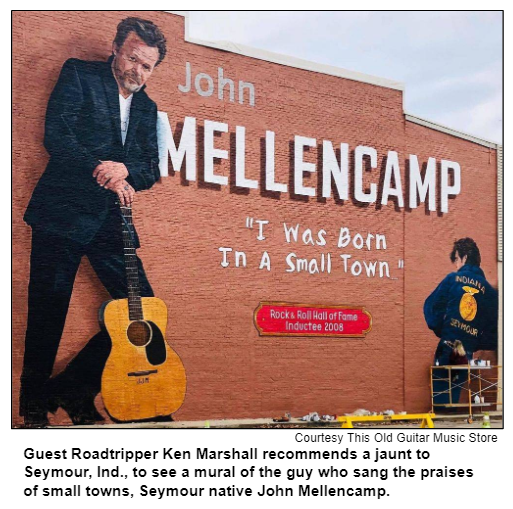 Guest Roadtripper Ken Marshall recommends a jaunt to Seymour, Ind., to see a mural of the guy who sang the praises of small towns, Seymour native John Mellencamp. Courtesy This Old Guitar Music Store.