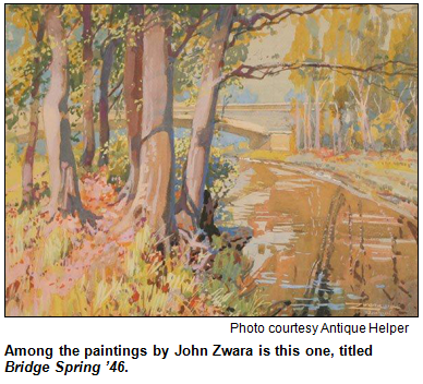 Painting by John Zwara, titled Bridge Spring '46. Image courtesy Antique Helper.