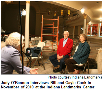 Judy O’Bannon interviews Bill and Gayle Cook in November of 2010 at the Indiana Landmarks Center. Photo courtesy Indiana Landmarks.