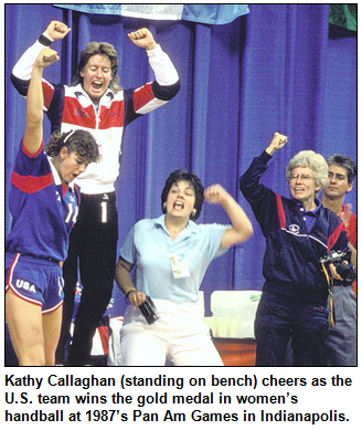 Kathy Callaghan (standing on bench) cheers as the U.S. team wins the gold medal in women’s handball at 1987’s Pan Am Games in Indianapolis.