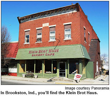 Klein Brot Haus, a red-brick bakery-cafe in Brookston, IN, is shown.