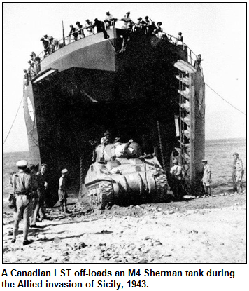 A Canadian LST off-loads an M4 Sherman tank during the Allied invasion of Sicily, 1943. Image courtesy Wikipedia.
